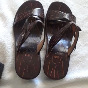 Ladies Size 11W Leather Wedge heel Slippers